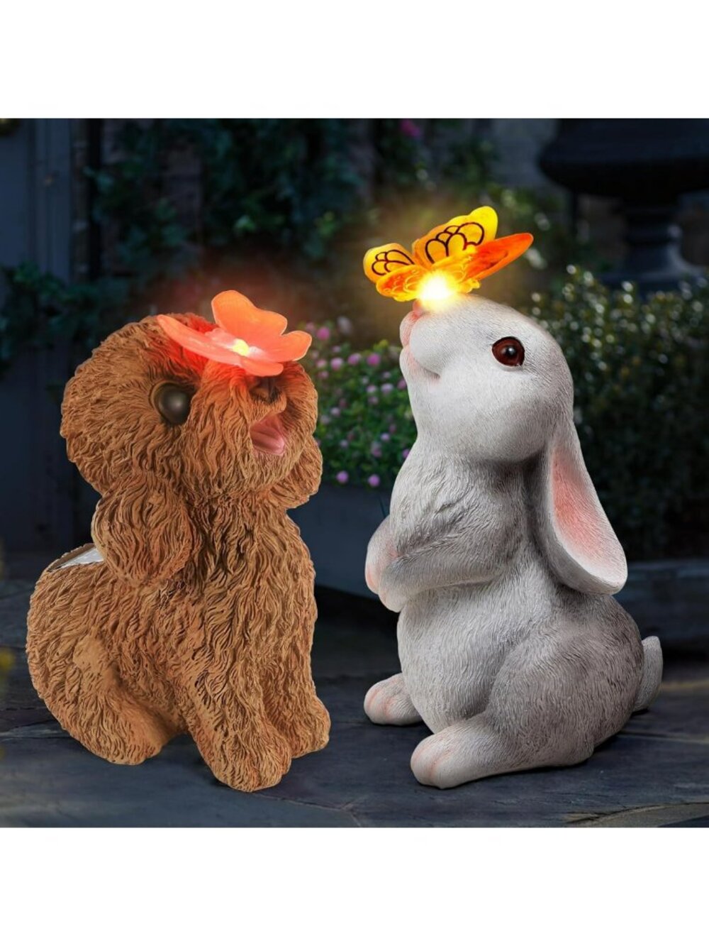 Charming Bunny Dog Statue Decor - Solar Butterfly Lights for Garden & Patio
